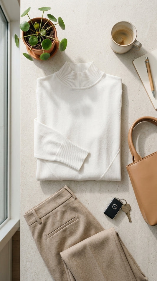 Mock neck sweater — Flat Lay - Styled | Generated by Modelize