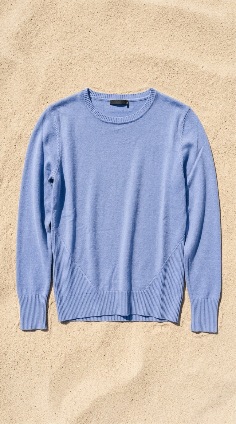Crew neck sweater — Flat Lay - Swimsuit on Sand | Generated by Modelize