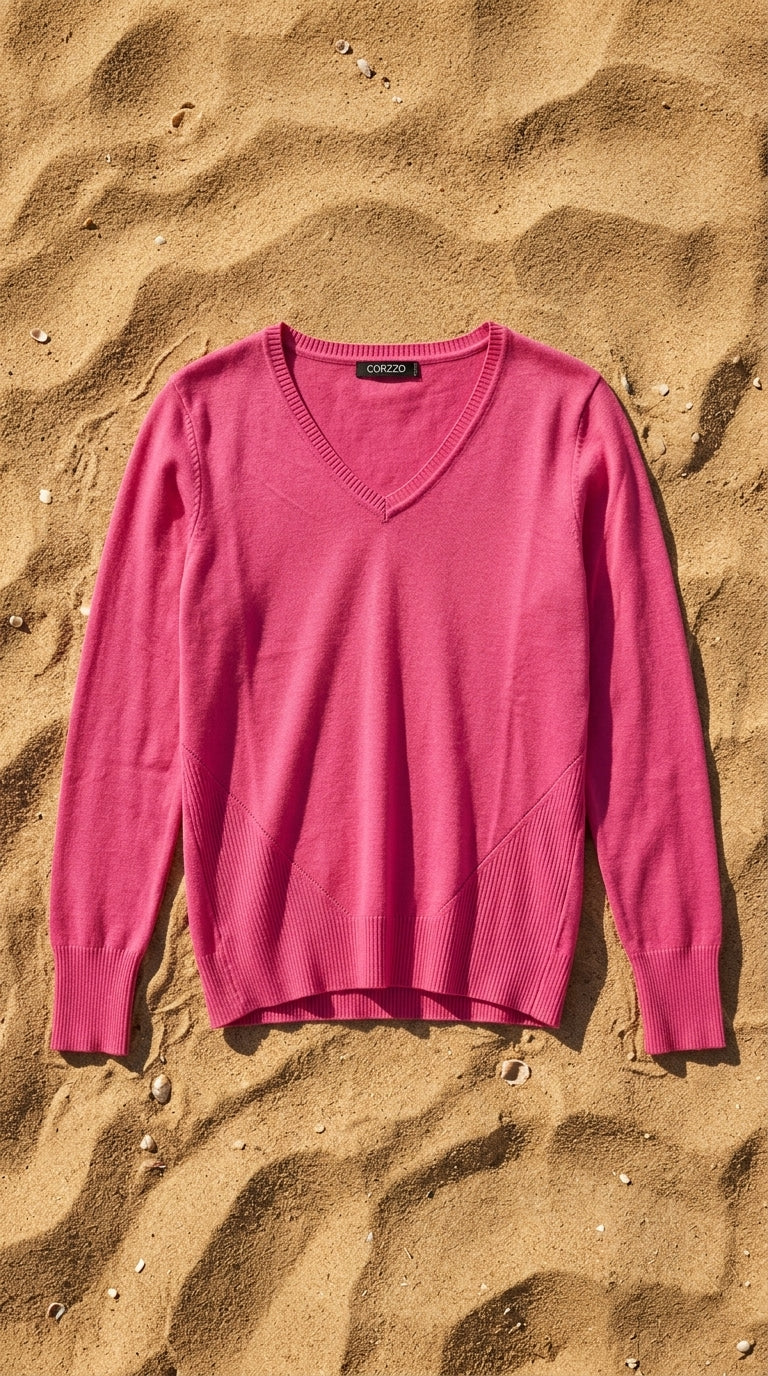 V-neck sweater — Flat Lay - Swimsuit on Sand | Generated by Modelize