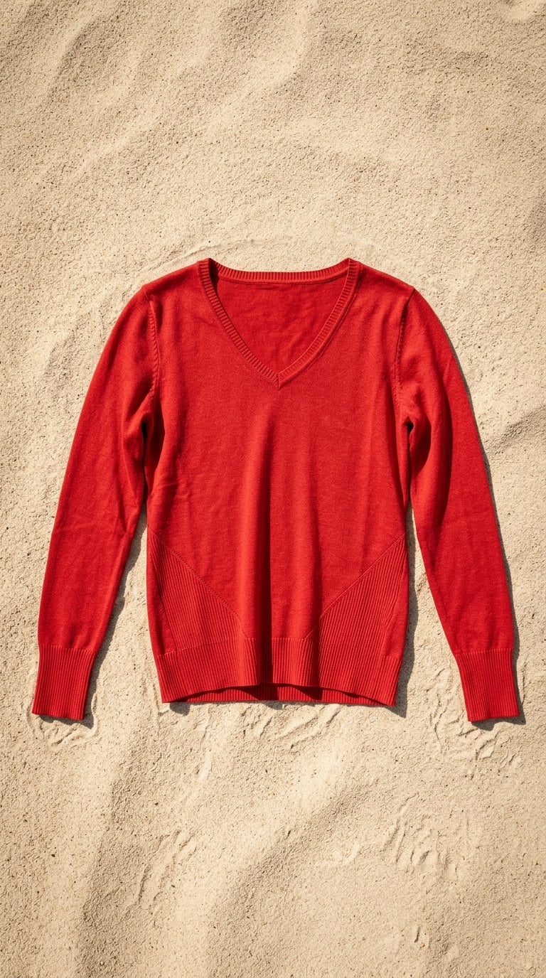 V-neck knit sweater — Flat Lay - Swimsuit on Sand | Generated by Modelize