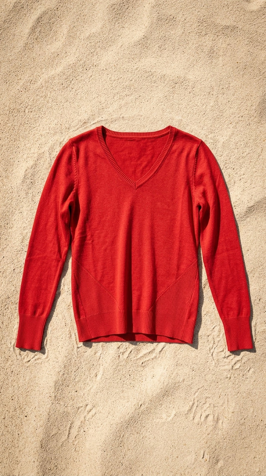 V-neck knit sweater — Flat Lay - Swimsuit on Sand | Generated by Modelize