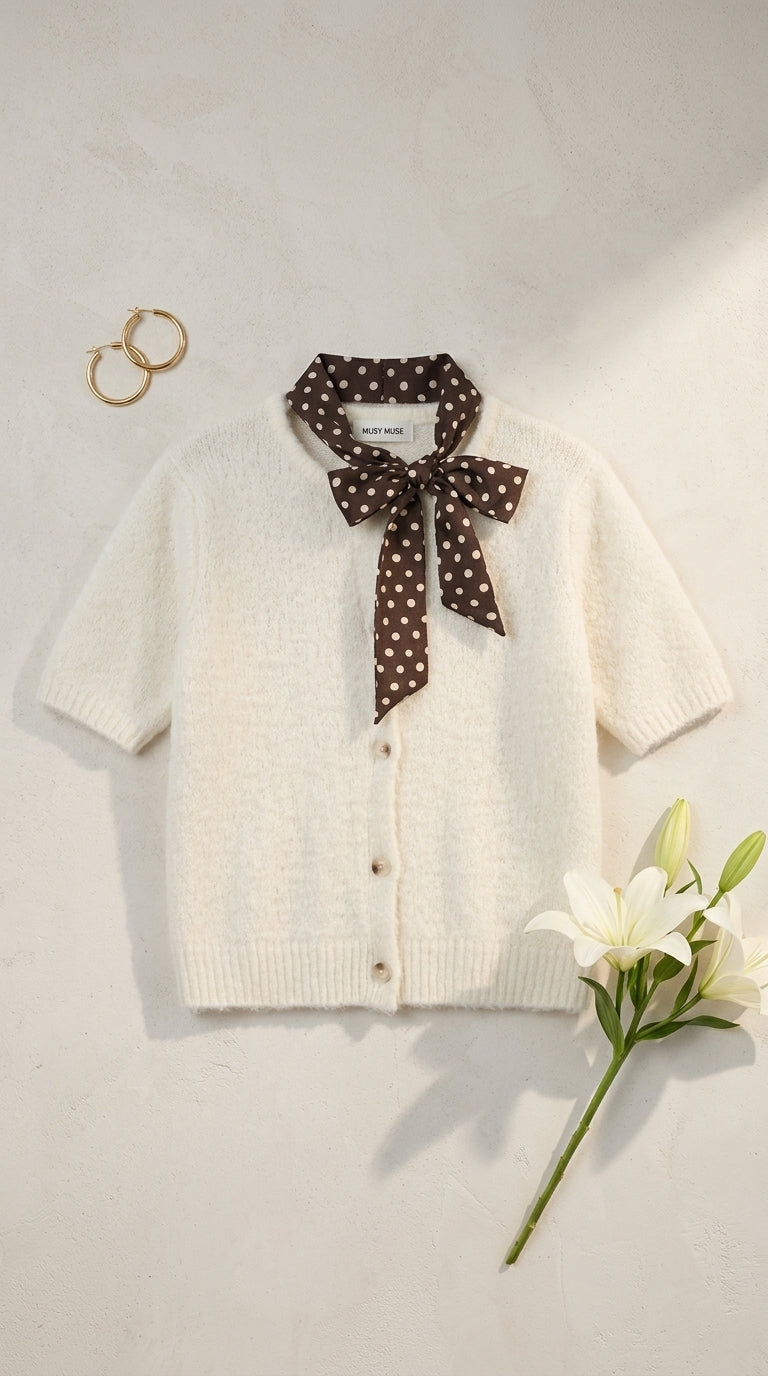 Short-sleeved knit cardigan with neck scarf — Flat Lay - Styled | Generated by Modelize