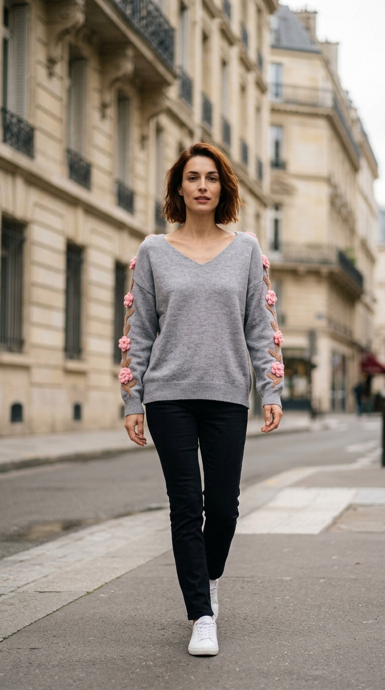 V-neck knit sweater — On Model - Street Style | Generated by Modelize