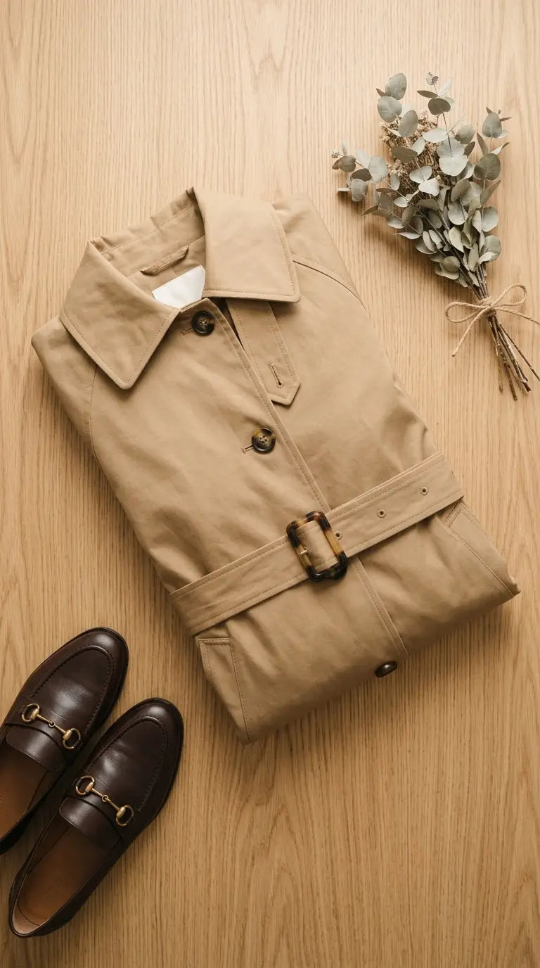 Long Trench Coat — Flat Lay - Styled | Generated by Modelize