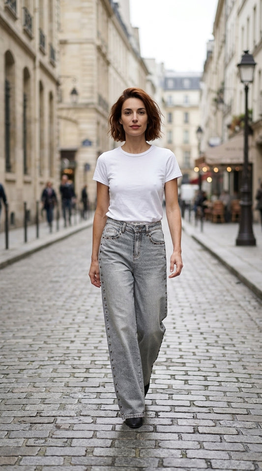 Pantalon en jean à clous – Style printanier femme — On Model - Street Style | Generated by Modelize