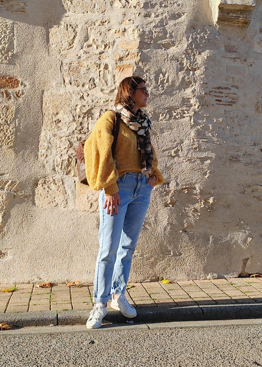 Pull décontracté couleur moutarde à grandes manches – Coupe oversize femme CARLAGIANINI