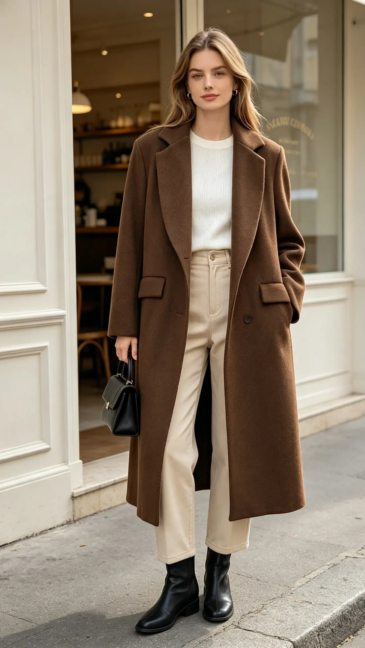 Manteau long marron à double boutonnage
