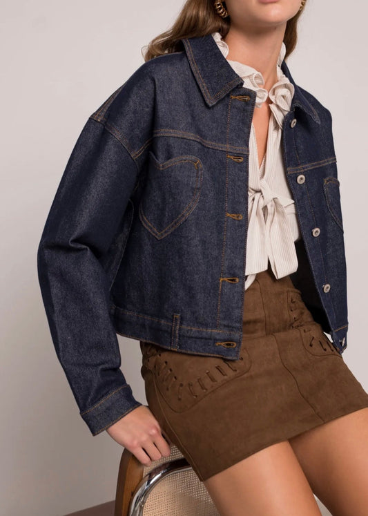 Veste en jean bleu foncé motif cœur – Printemps femme