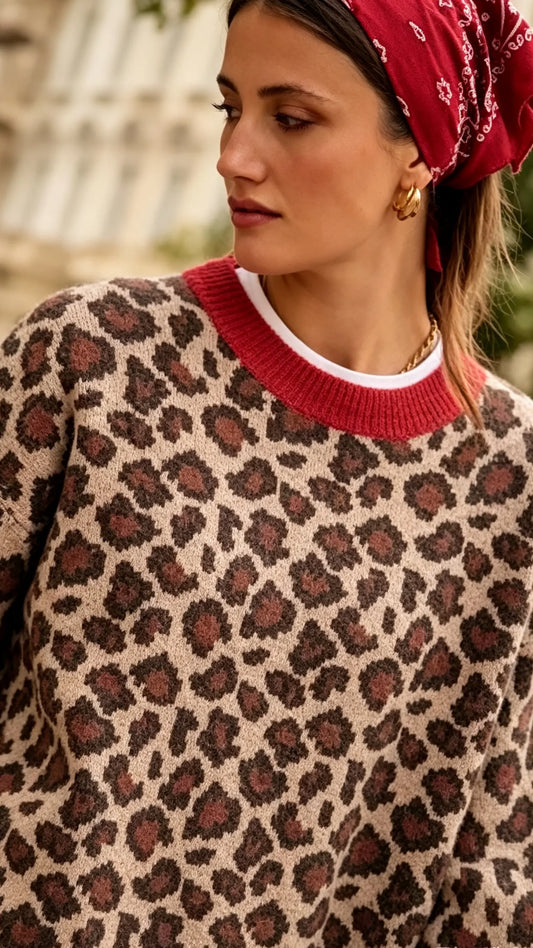 Pull motif léopard col rond femme – Manches longues Vogue N°8