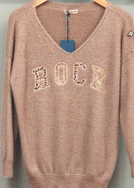 Pull brillant couleur Taupe motif ROCK Vogue N°8