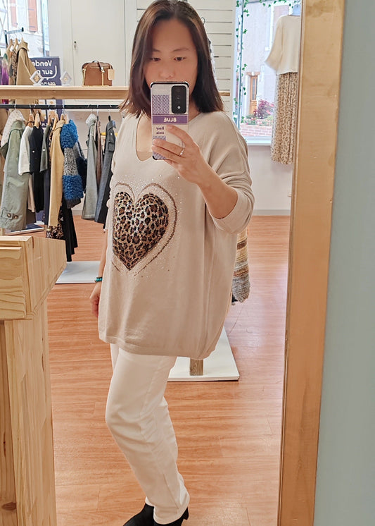 Pull Beige en maille à motif Coeur brillant Vogue N°8