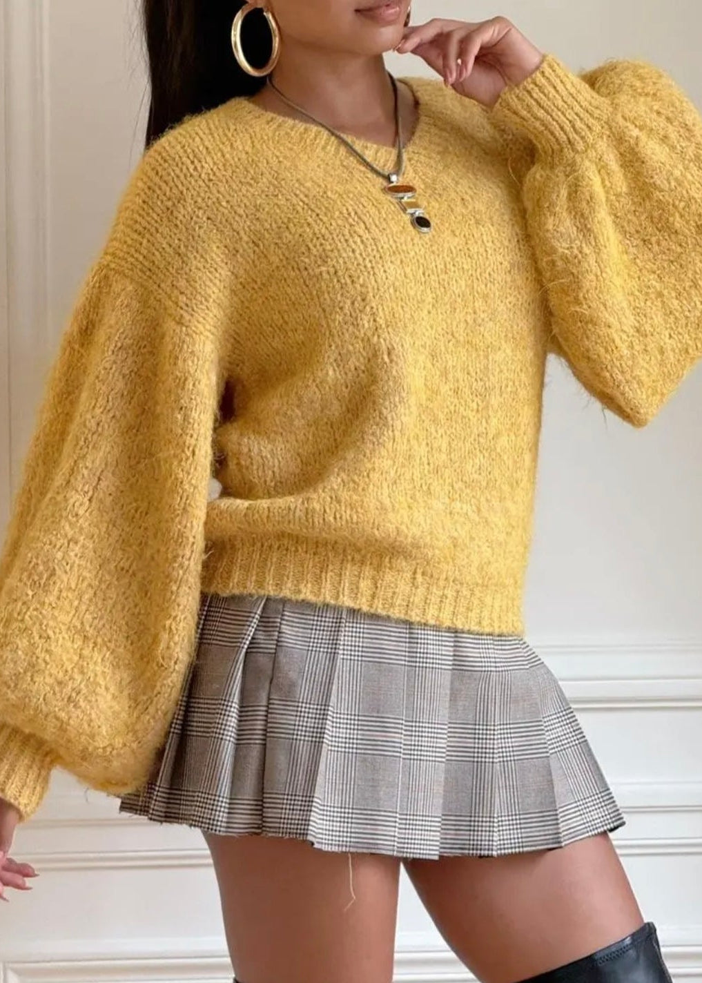 Pull décontracté couleur moutarde à grandes manches – Coupe oversize femme CARLAGIANINI