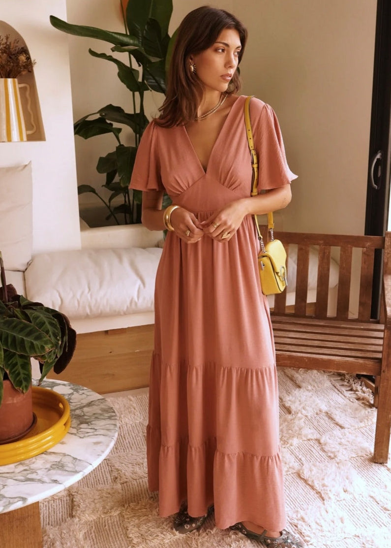 Robe longue col V Rose poudré taille Curvy