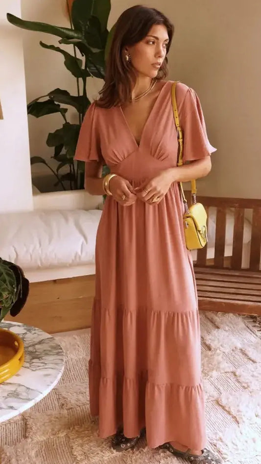 Robe longue col V Rose poudré taille Curvy Vogue N°8