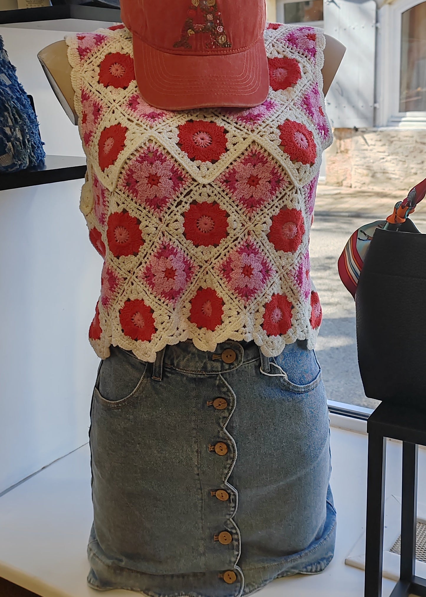 Top été femme crochet floral en coton – Sans manches, léger, rose & rouge
