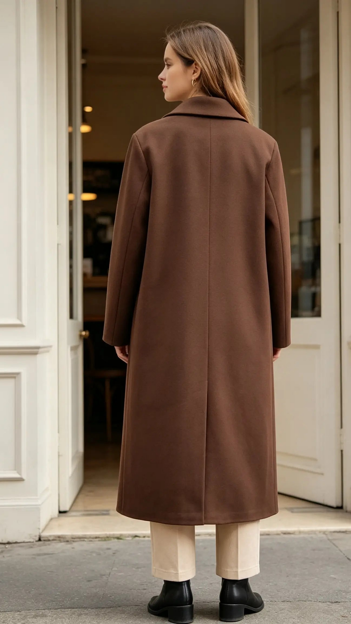 Manteau long marron à double boutonnage