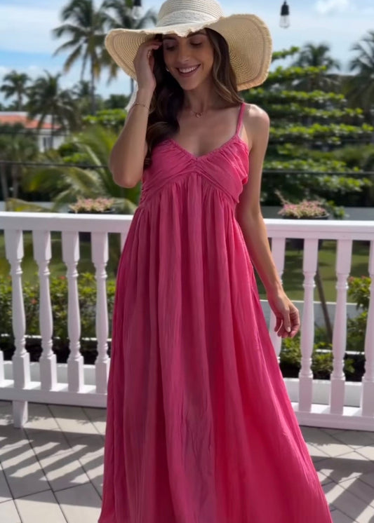 Robe FUCHSIA longue col V avec fines bretelles