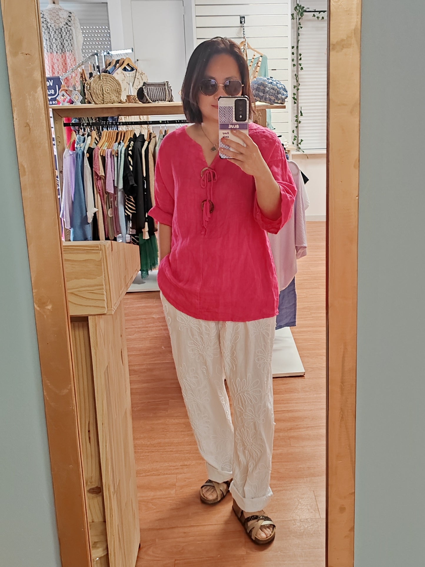 Cotton flower embroidered pants