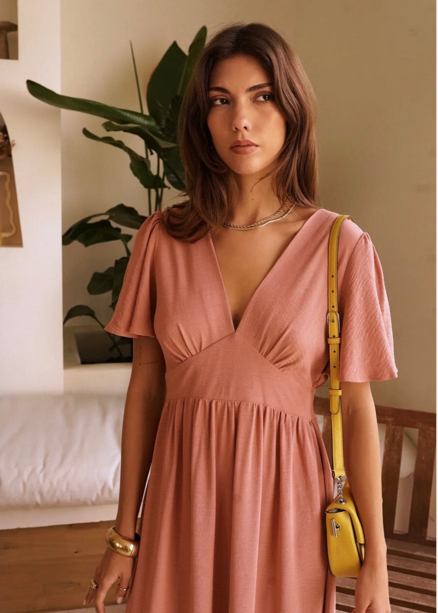 Robe longue col V Rose poudré taille Curvy