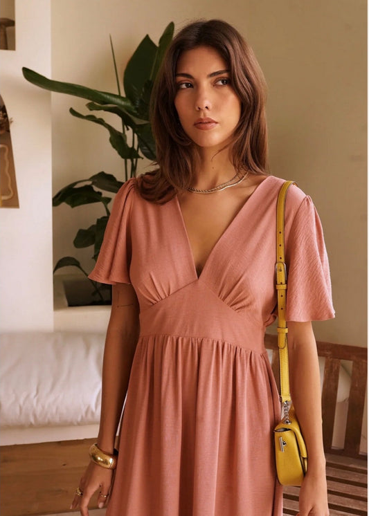 Robe longue col V Rose poudré taille Curvy