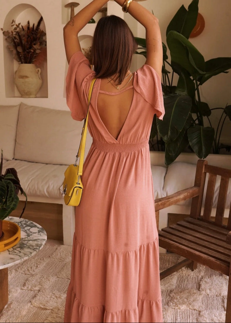 Robe longue col V Rose poudré taille Curvy