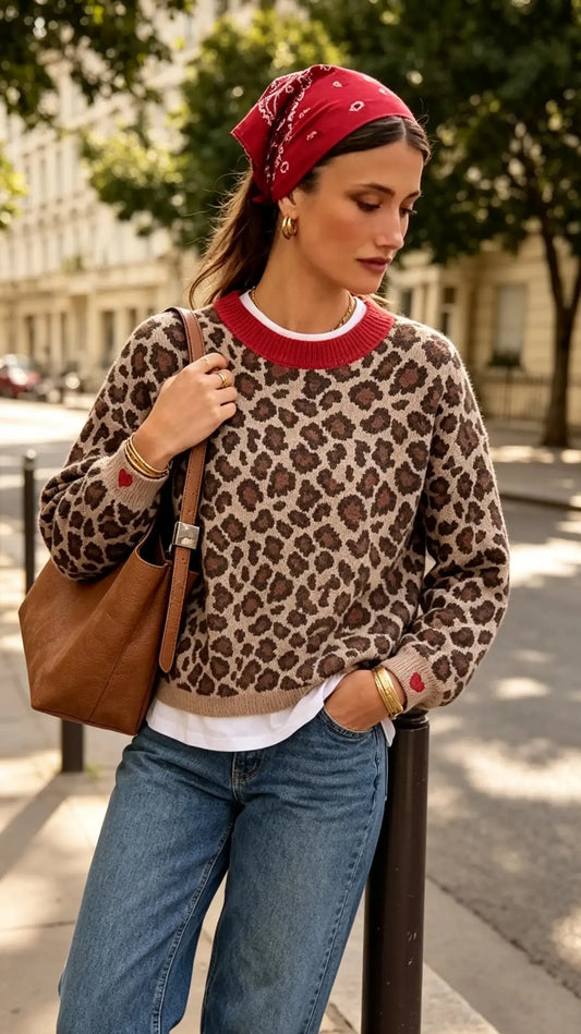 Pull motif léopard col rond femme – Manches longues Vogue N°8