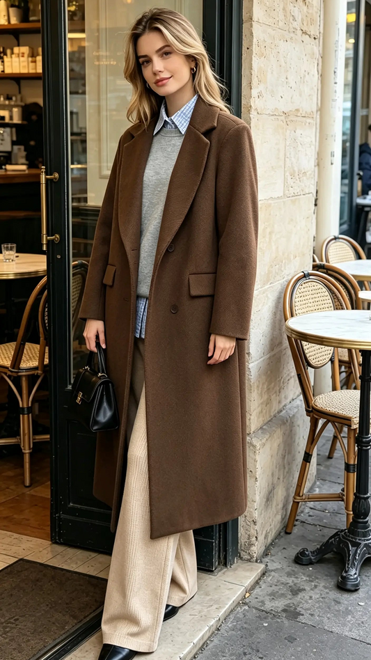 Manteau long marron à double boutonnage