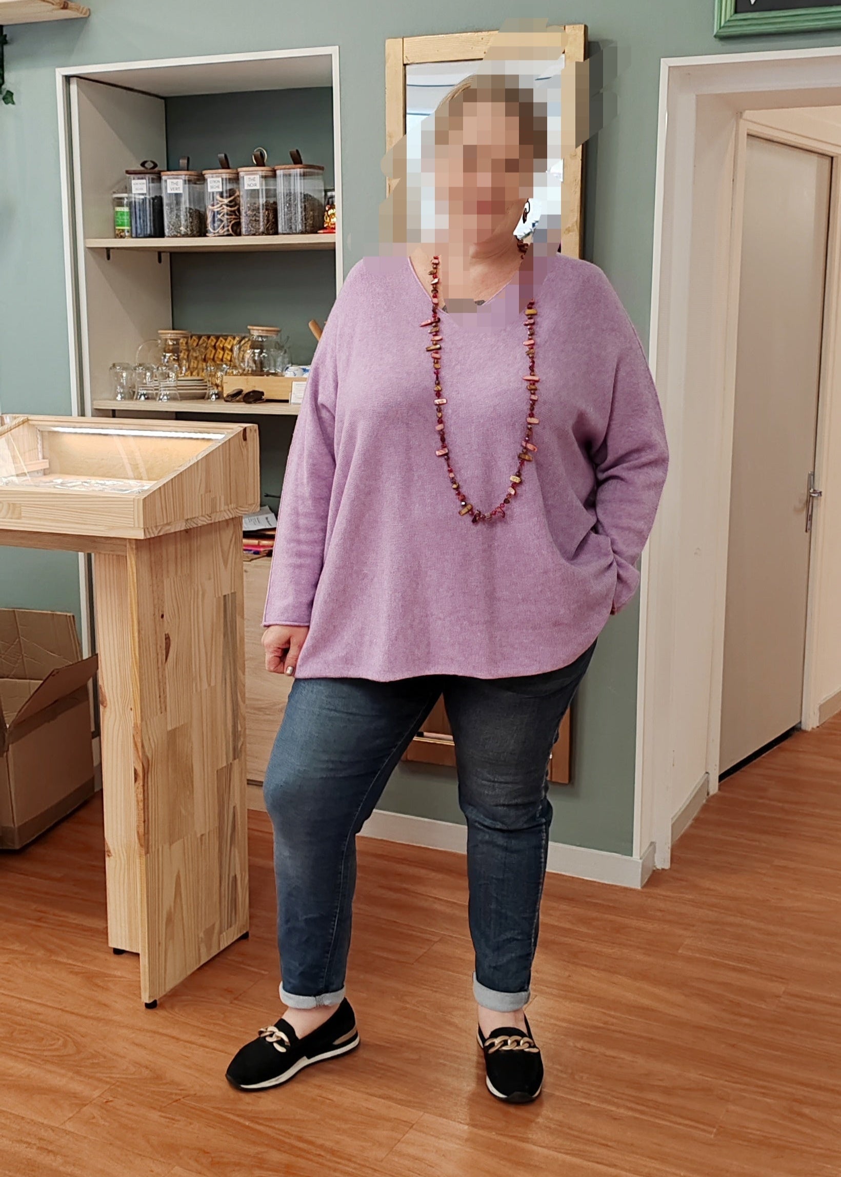 Pull Grande Taille Col V Violet Clair Pastel Mina rosa