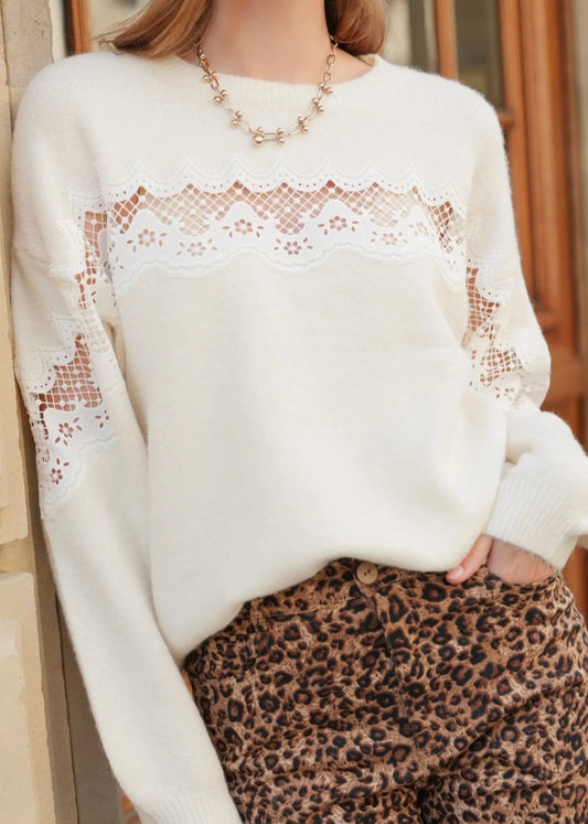 Pull blanc col rond avec dentelle – Printemps femme